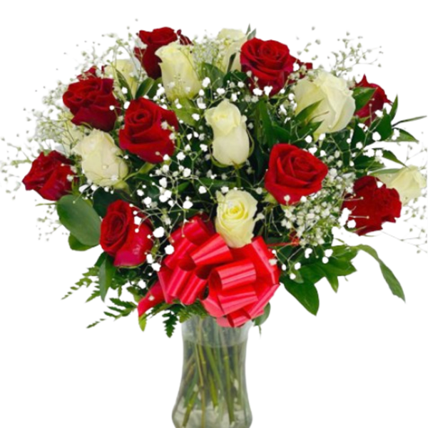 Arrangement of red and white roses with baby's breath in a clear glass vase with a red bow