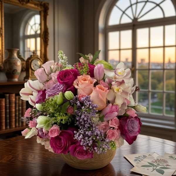 Mixed pink and purple flower arrangement in a round vase