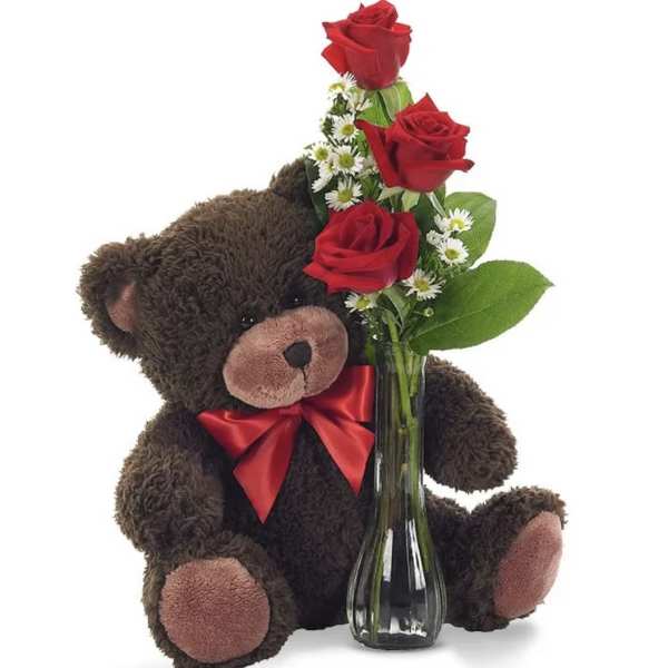 Classic Bud Vase Roses with Bear