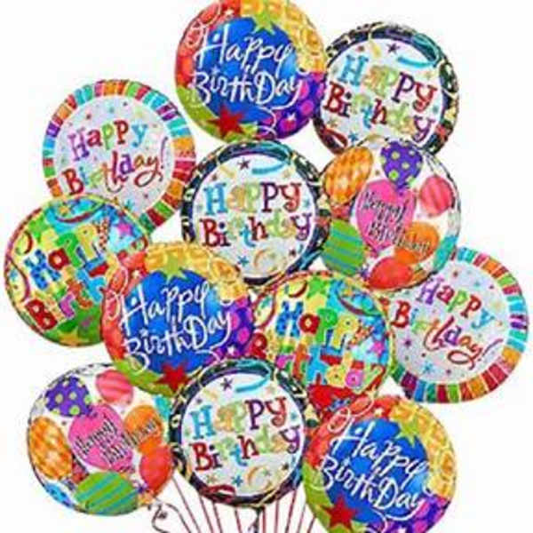 Cluster of colorful birthday balloons with "Happy Birthday" text