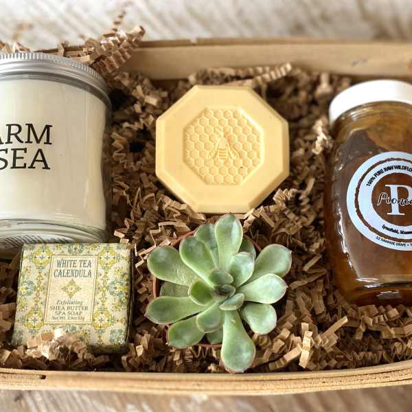 Gift basket with a succulent, candle, soap, honey, and a honeycomb-shaped item