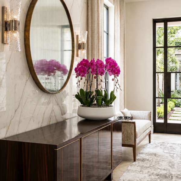 Pink orchid arrangement in a white bowl on a dark console table