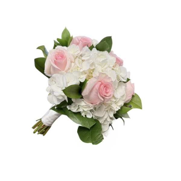 Pink roses and white hydrangeas in a hand-tied bouquet