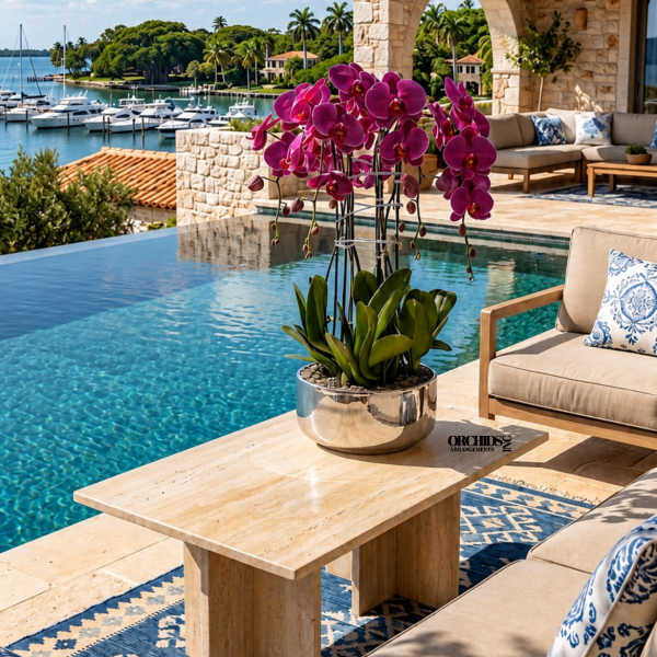 Potted purple orchids in a reflective silver bowl beside a pool