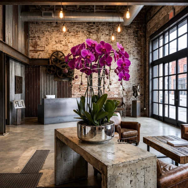 Potted purple orchids in a metallic planter on a concrete table