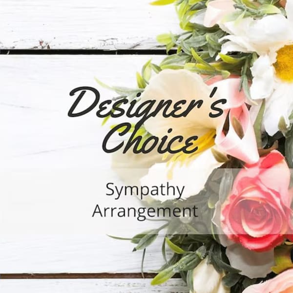 Designer’s choice sympathy arrangement with pink and white flowers