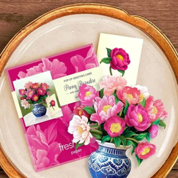Pop-up greeting card with pink peonies and a blue vase illustration