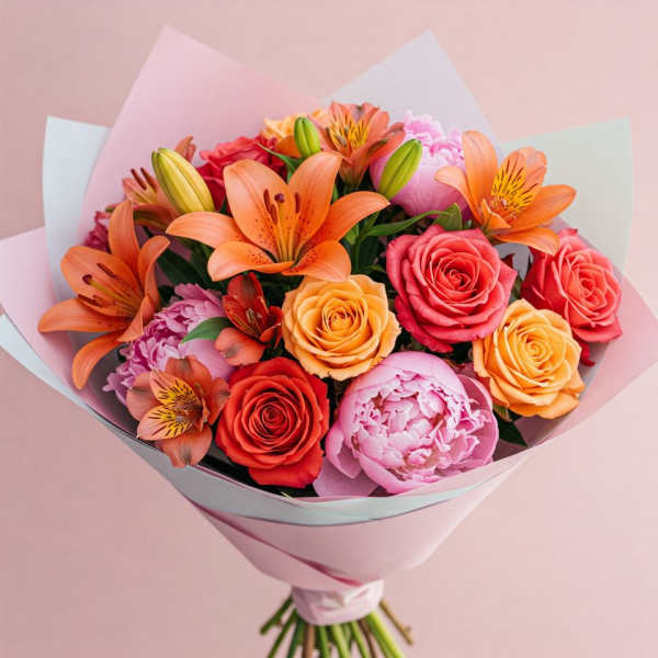 Bouquet of orange lilies, roses, and pink peonies wrapped in pastel paper