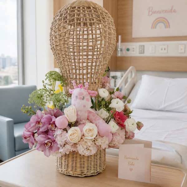 Pink and white floral arrangement with a plush giraffe in a wicker basket