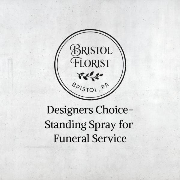 Text reading "Designers Choice Standing Spray for Funeral Service" with florist logo