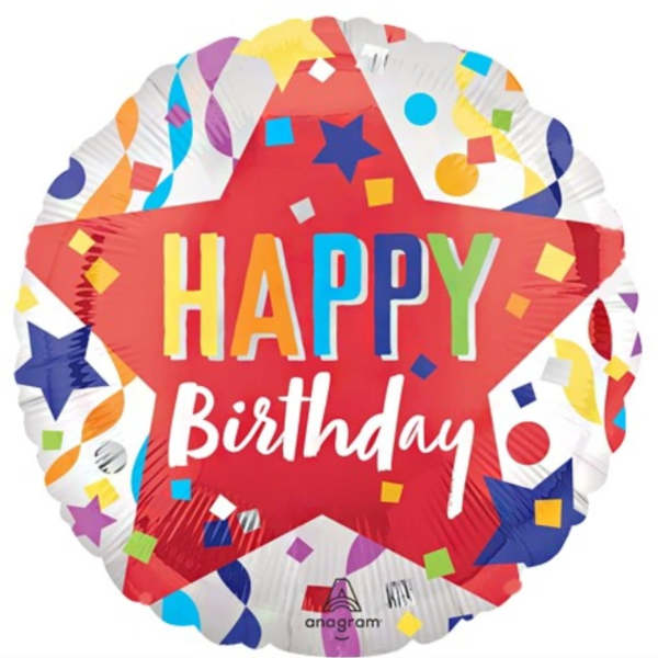 Round foil balloon with "Happy Birthday" text and colorful confetti design