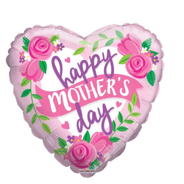 Heart-shaped pink balloon with "happy Mother's day" text and floral graphics