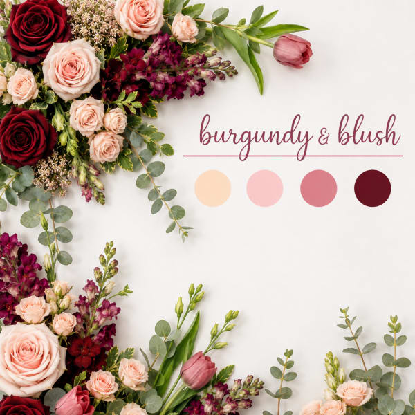 Burgundy and blush floral arrangement with roses, tulips, and hydrangeas