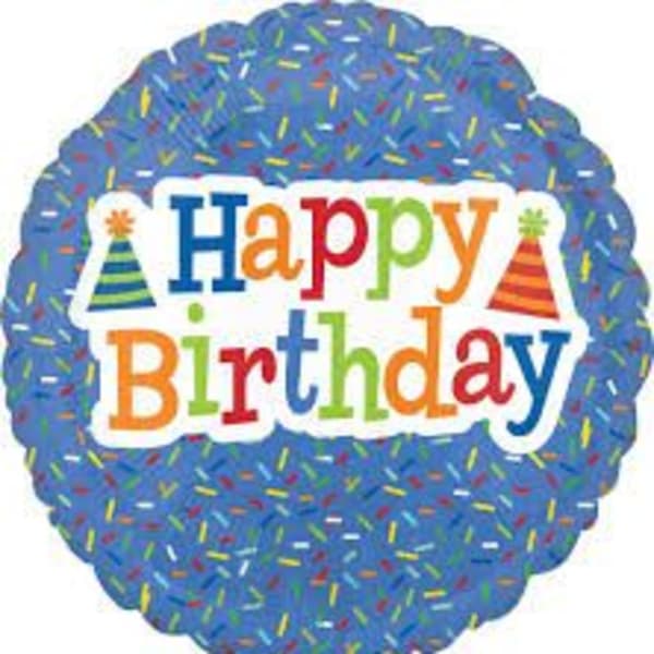 Round birthday balloon with colorful "Happy Birthday" text