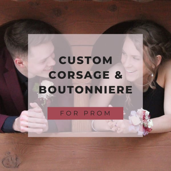 Prom couple holding a corsage and boutonniere with text overlay