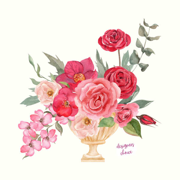 Watercolor bouquet of pink and red flowers in a pedestal vase