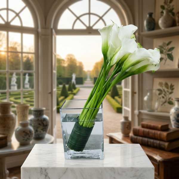 White calla lilies in a clear glass vase with water