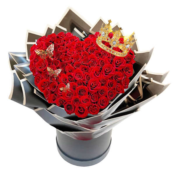 Heart-shaped bouquet of red roses with a gold crown and butterfly accents