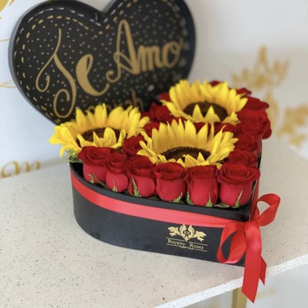 Heart-shaped box with red roses and yellow sunflowers