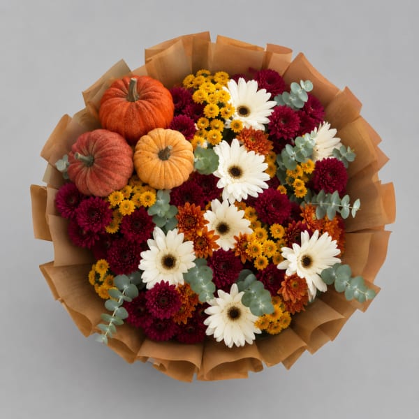 Bouquet of white daisies, burgundy mums, and small pumpkins in brown wrap