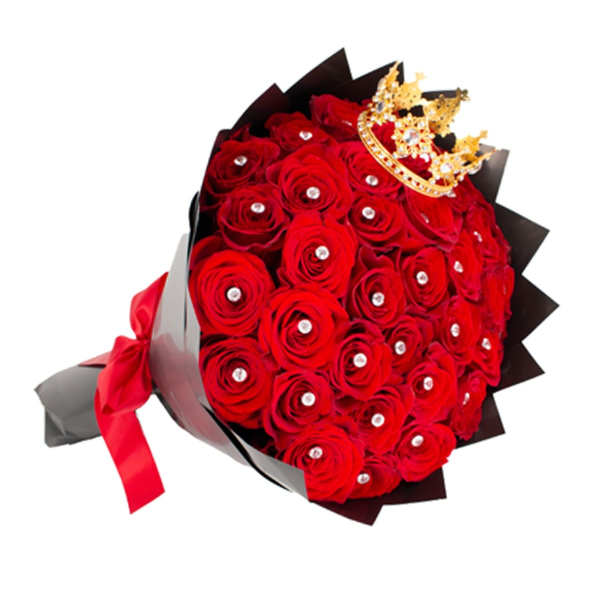 Bouquet of red roses with a gold crown topper and red ribbon