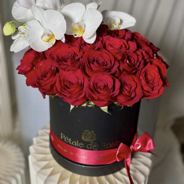 Red roses in a black round box with white orchids on top