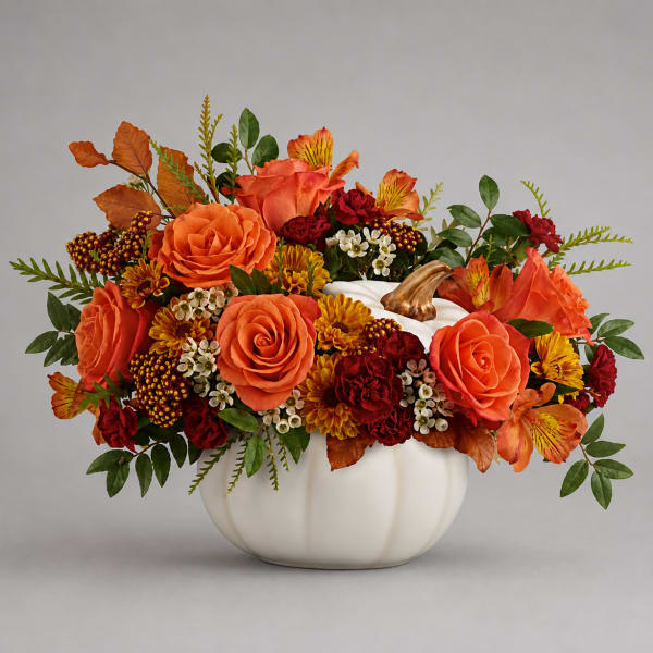 Orange and red floral arrangement in a white pumpkin vase