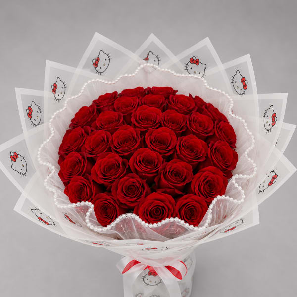 Bouquet of red roses wrapped in Hello Kitty printed paper with a white ribbon