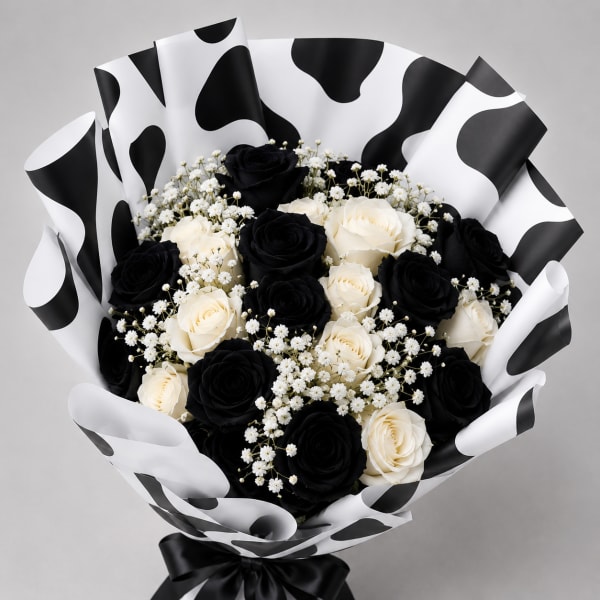 Bouquet of black and white roses with baby's breath in cow-print wrapping