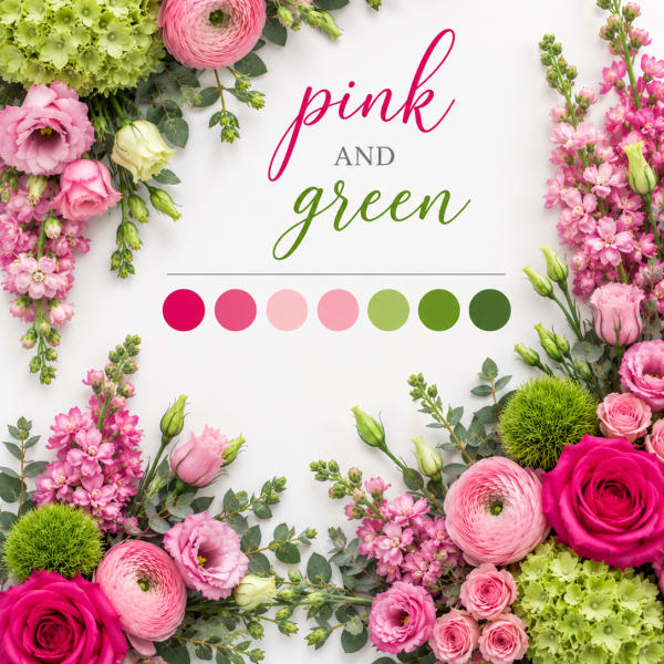 Pink and green floral arrangement with roses, ranunculus, and lisianthus