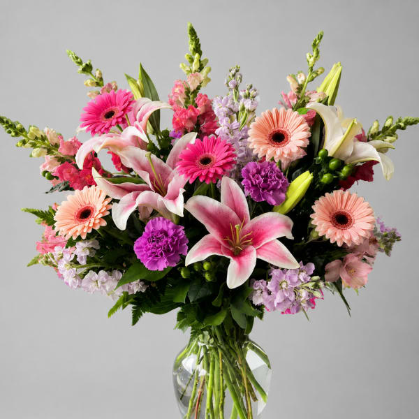 Mixed bouquet of lilies, gerbera daisies, and carnations in a clear glass vase