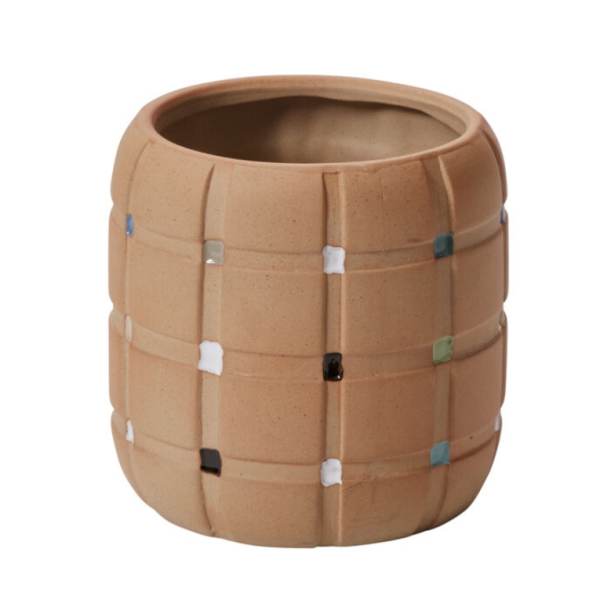 Textured tan ceramic planter with small colored square accents