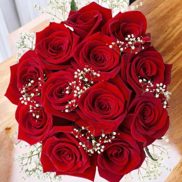 Bouquet of red roses with baby's breath