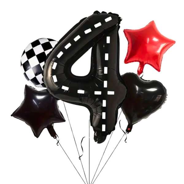 Cluster of black and red number balloons with a checkered balloon