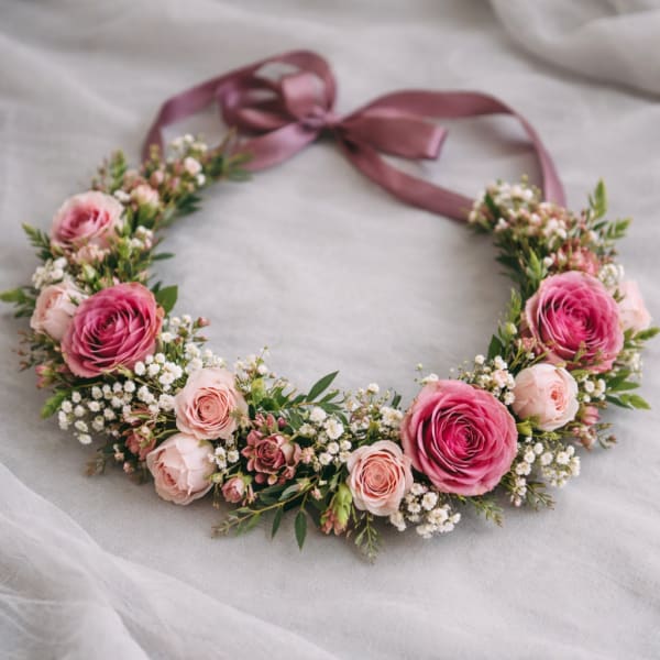 Pink and blush floral crown with a mauve ribbon tie