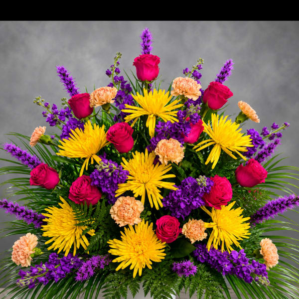 Hot Pink Purple Yellow Funeral Arrangement