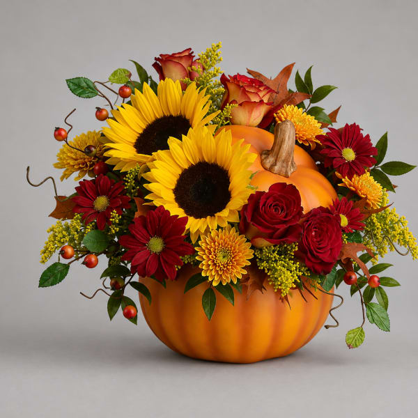 Autumn floral arrangement in a pumpkin container with sunflowers, roses, and mums