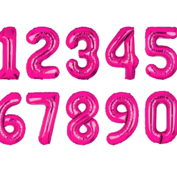 Pink number balloons arranged in two rows on a white background