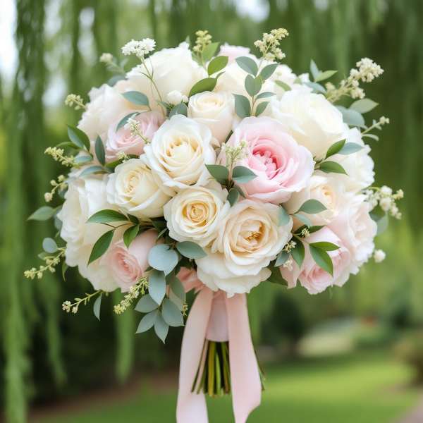 Bouquet of white and blush roses with a pink ribbon