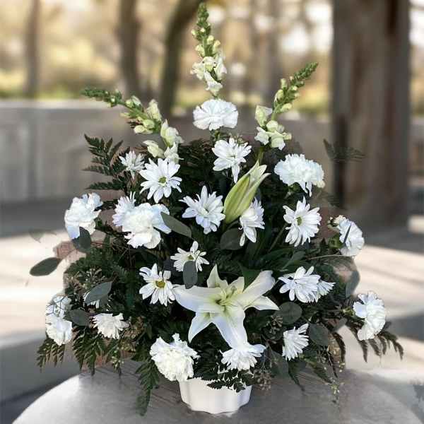 White flowers arranged in a low white vase with dark greenery.