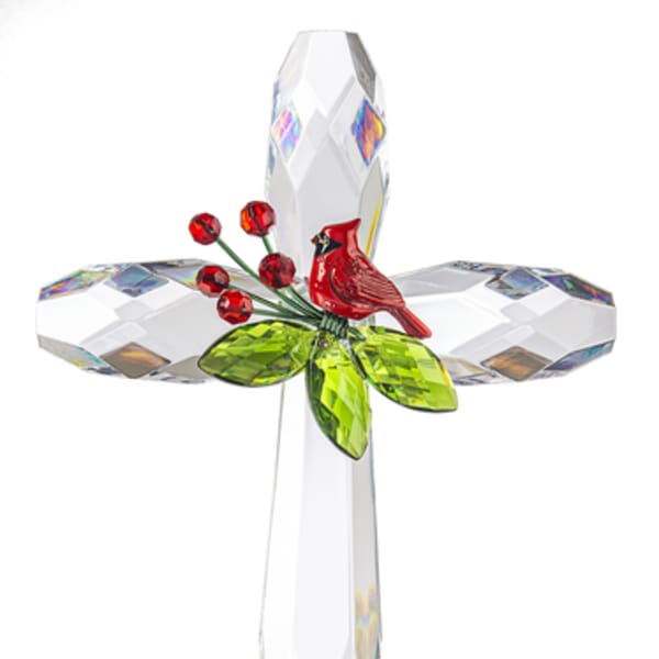 Crystal cross with a red cardinal and green leaves