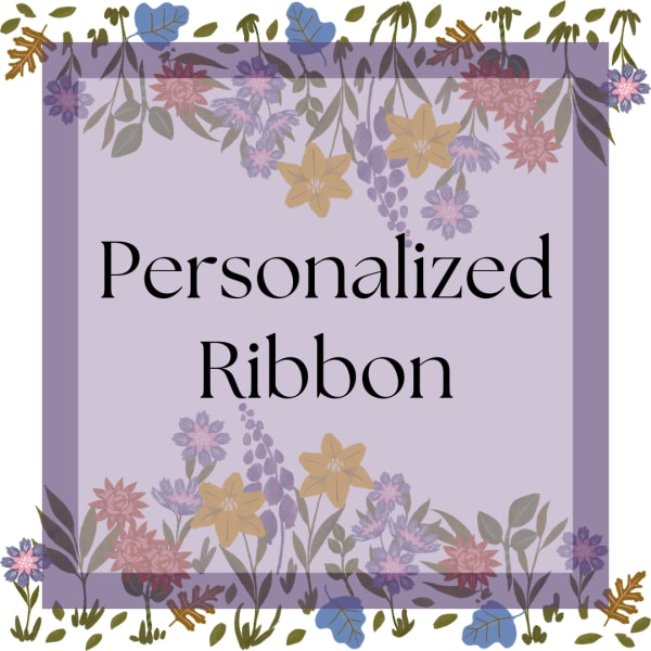 Lavender square graphic with floral border and the words Personalized Ribbon
