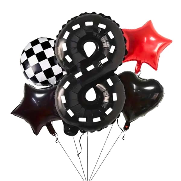 Cluster of number 8 balloons with a red star balloon and checkered balloon