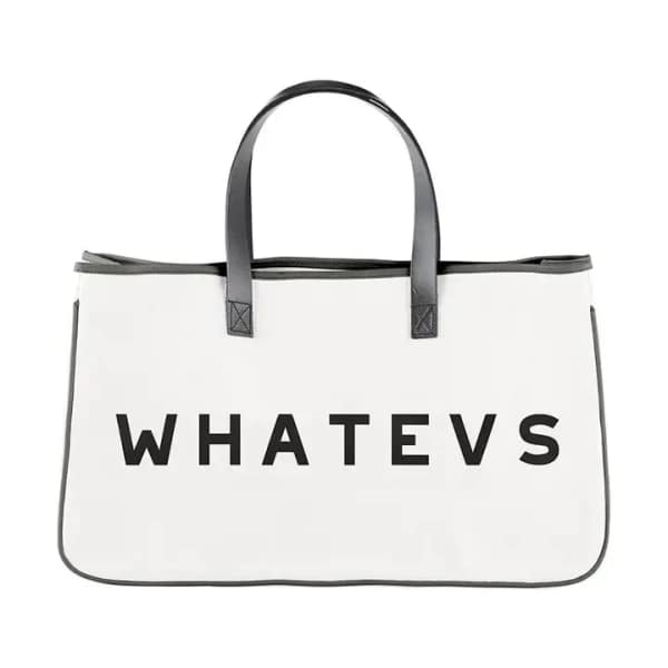White tote bag with black handles and the word "WHATEVS" printed on it