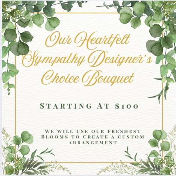 Sympathy bouquet sign with green foliage border and gold text