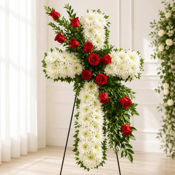 Standing floral cross with red roses and white chrysanthemums