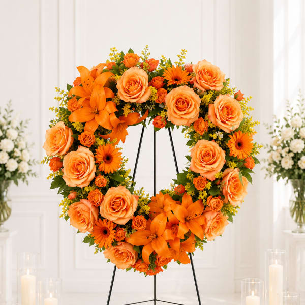 Orange floral wreath on a black stand with roses and lilies
