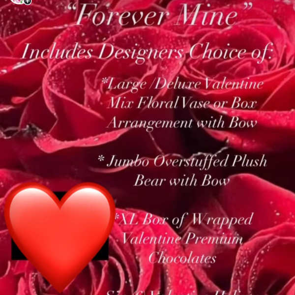 Red roses with Valentine gift options and a heart graphic