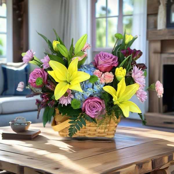 Basket arrangement with yellow lilies, pink roses, and blue hydrangeas