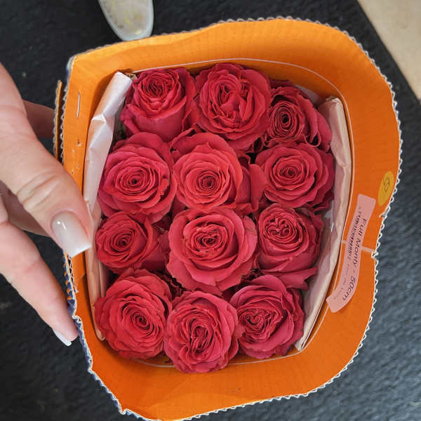 A small box of bright pink roses arranged tightly together